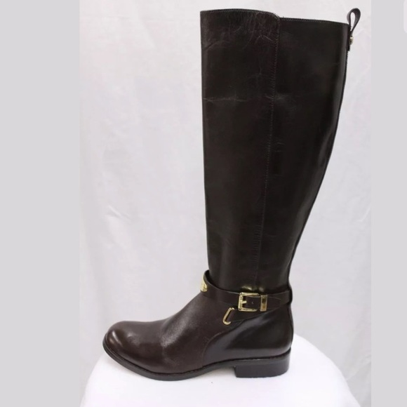 Michael Kors Arley Leather Riding Boots Gold Logo - Picture 1 of 7